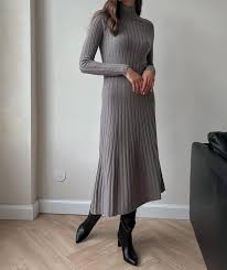 SOMTHRON Women's Turtleneck Jumper Dress, Elegant, High Closed, Long Sleeve, Ribbed, Knitted, Stretchy, Plain Bodycon Maxi Dress  Size M