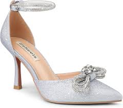 Zzheels Women's Wedding Heels Sparkly Rhinestone Stiletto Pumps Bow Heels Pointed Toe Ankle Strap High Heels Bridal Party Dress Shoes size 8