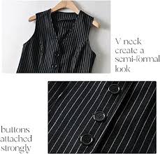 Jeovuanun Womens Striped Button Dressy Vest Jacket Casual Stretchy OL Fitted Tuxedo Suit Waistcoat  Size M