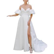 Wedding Dress Off The Shoulder Satin Wedding Dresses Long Bridal Gowns with Slit Size S