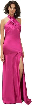 Hot Pink Satin Halter Maxi Bridesmaid Dress Slit Sheath Backless Sleeveless Evening Dress with Sweep Train R30517 Size S