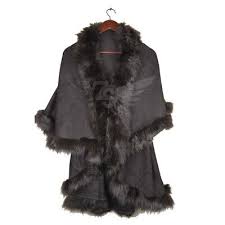 Faux Fox Fur Trim Cardigan Cloak Shawl Wraps Winter Poncho Oversized Cape