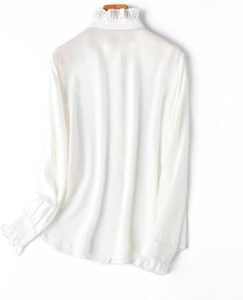 Women Long Sleeve Silk Shirts Ruffled Stand Collar Single Breasted Top Thin Solid Shirts Size S