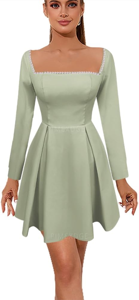 Pimexdge A-Line Long Sleeves Prom Dresses Cocktail Party Gown for Women Short Wedding Dresses for BrideSize S