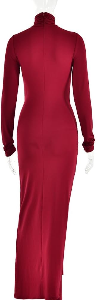 heyheyshine Women's Long Sleeve Turtleneck Maxi Dress Casual Long Dress Hollow Tie Waist Bodycon Dress Size L