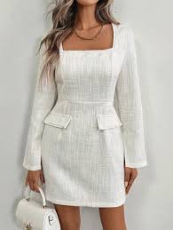 SHEIN Clasi Women's Elegant Quality Solid Boucle Flap Collar Short Dress tweed pearl embellished mini dress with Chanel style, size not available