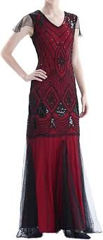 Women's 1920s Vintage V Neck Short Sleeve Dress Sheer Formal Party Dress Vest Beaded Sequin Maxi Dress Size S