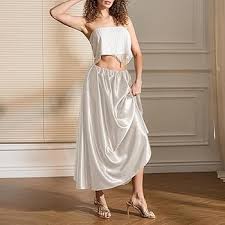 Women Satin Pleated Skirt Solid Color Elastic Waist A Line Flowy Midi Length Skirt size 6