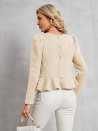 SHEIN Frenchy Women's Solid Button Back Puff Sleeve Ruffle Hem Shirt Size XS