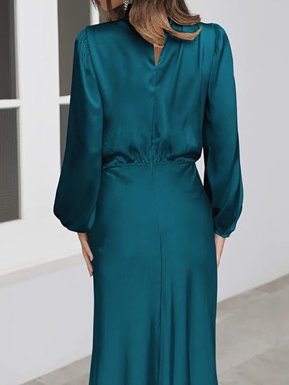 Hatant Formal Dresses for Women Satin Cocktail Wedding Guest Dresses Silk Wrap Cocktail Party Maxi Dress Elastic High Waistsize S