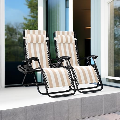 Best Choice Products Set of 2 Adjustable Steel Mesh Zero Gravity Lounge Chair Recliners w/Pillows and Cup Holder Trays - Tan Striped