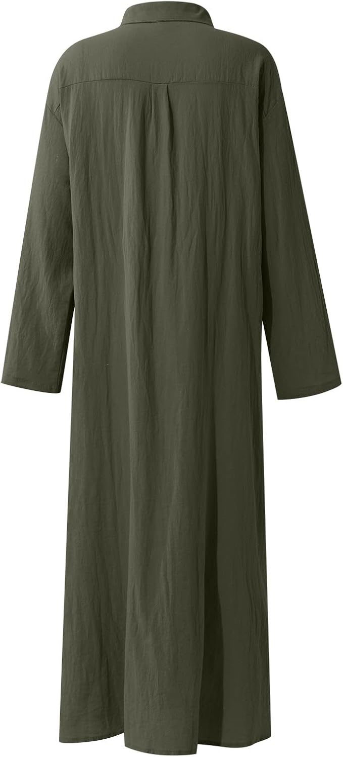 Cotton Linen Dresses for Women,2024 Summer Trendy Lapel Button Down Maxi Dress,Casual Loose Long Sleeve Beach Dress didn't find size on picture