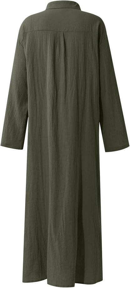 Cotton Linen Dresses for Women,2024 Summer Trendy Lapel Button Down Maxi Dress,Casual Loose Long Sleeve Beach Dress didn't find size on picture