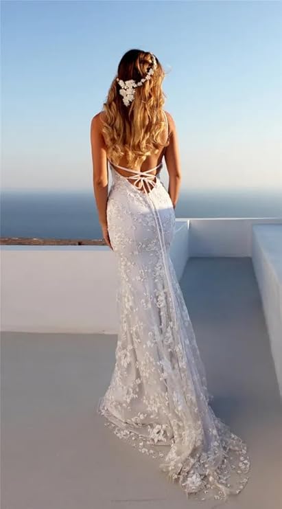 White Mermaid Wedding Dresses for Bride Long Bridal Gown with Train Size 4