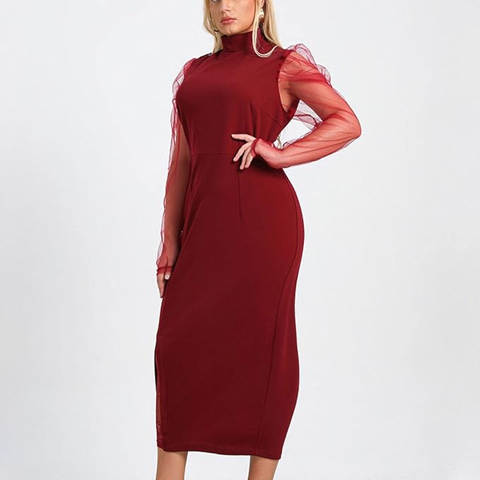 Evening Dresses for Women Elegant Long Sleeve Turtleneck Cocktail Dresses Plus Size Slim Dress Lace Patchwork Maxi Dress size no