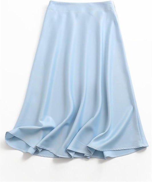 Women Solid Satin Midi Skirt Vintage Side Zipper Office Ladies Elegant Chic A-Line Skirts Size S