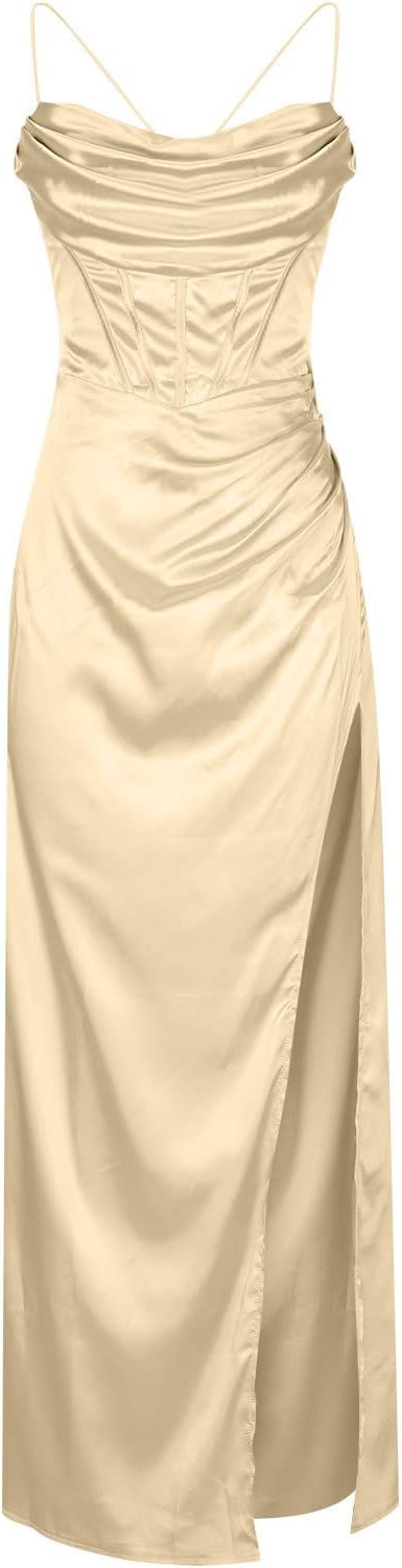 Women's Spaghetti Strap Satin Cowl Neck Corset Dress Fishbone High Slit Sexy Prom Silk Maxi Party Bustier DressSize 8