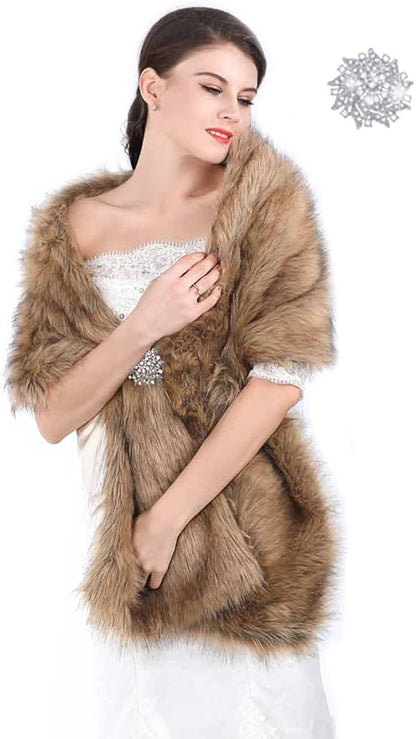 Aukmla womens Long Wedding Faux Fur Wraps Shawls Bridal Stole Brides Bridesmaids, Brown, Free size
