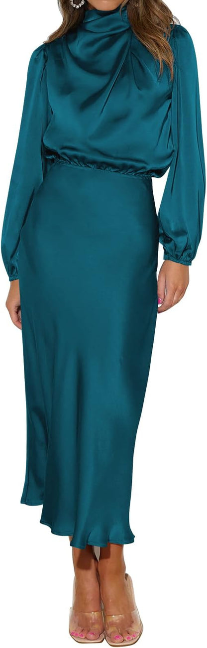 Hatant Formal Dresses for Women Satin Cocktail Wedding Guest Dresses Silk Wrap Cocktail Party Maxi Dress Elastic High Waistsize S