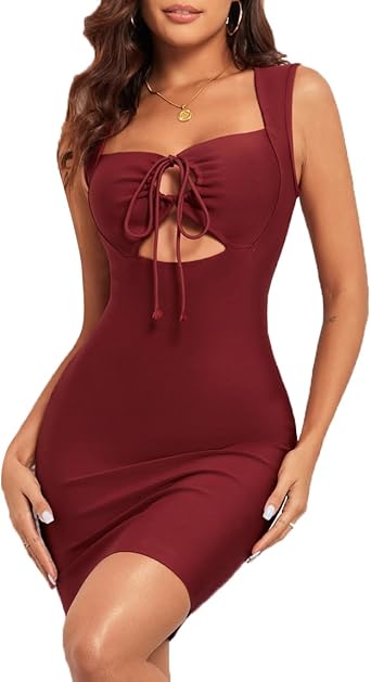 Women's Cocktail Dresses Square BAOSUU Neck Mini Bodycon Dress Sexy Slim Fit Sleeveless Cut Out Drawstring Bandage Tank Dress