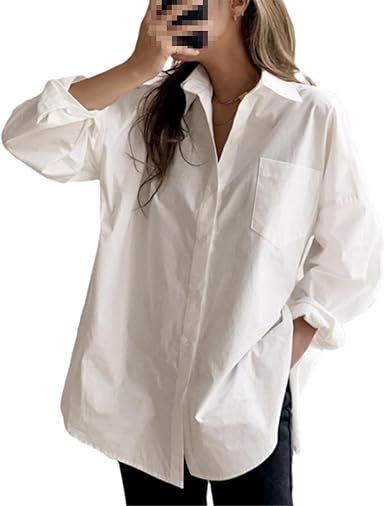 Women Long Sleeve White Blouse Top Loose Button Cotton Shirts Casual Office size S