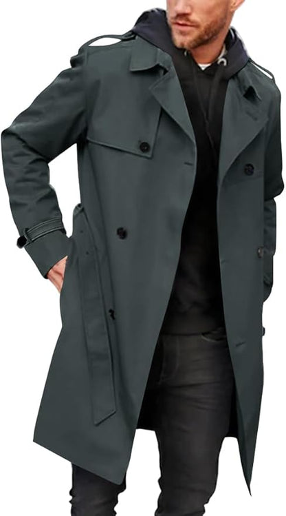 Pretifeel Mens Trench Coat Slim Fit Double Breasted Long Jacket Notched Lapel Belt Fall Windproof Coat Size Unavailable