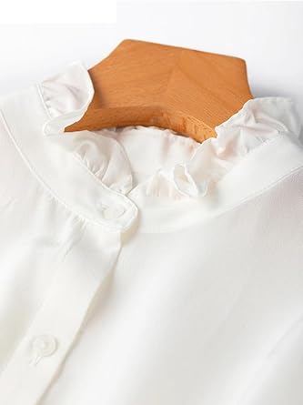 Women Long Sleeve Silk Shirts Ruffled Stand Collar Single Breasted Top Thin Solid Shirts Size S