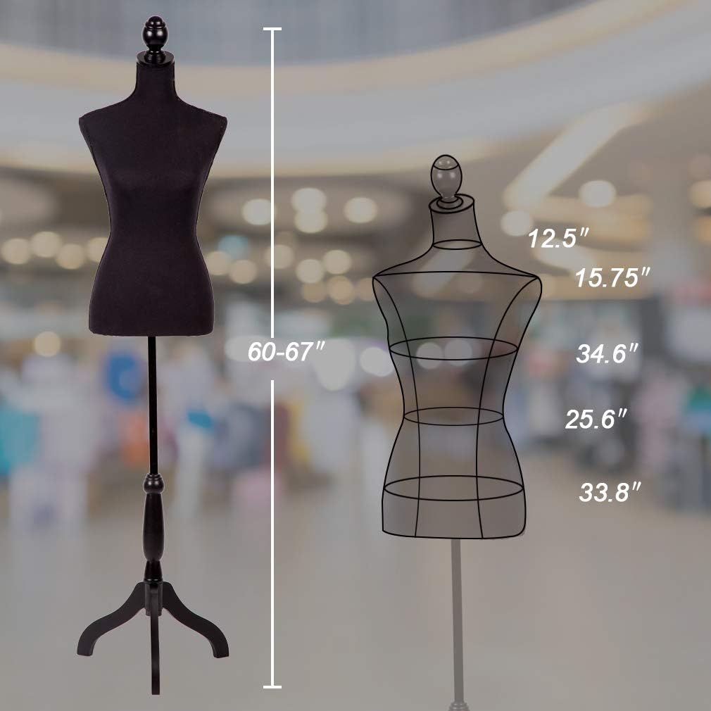 FDW Manikin 60”-67”Height Adjustable Female Dress Model Display Torso Body Tripod Stand Clothing Forms (Black, 60-67 Inches)