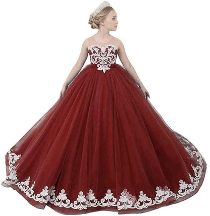 Women's dazzling tube top fishtail evening Pageant Dress Sheer Neck Prom Dress  Applique Toddler Pageant Ball Gowns dress red   didn't find size on picture