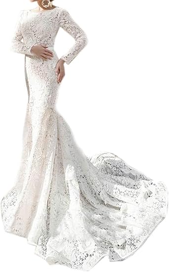 Lace Mermaid Wedding Dress Bateau Neck Long Sleeves Illusion Back with Buttons Bridal Gowns Size No