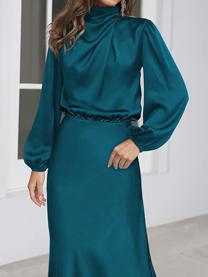 Hatant Formal Dresses for Women Satin Cocktail Wedding Guest Dresses Silk Wrap Cocktail Party Maxi Dress Elastic High Waistsize S