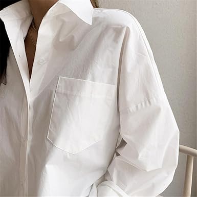 Women Long Sleeve White Blouse Top Loose Button Cotton Shirts Casual Office size S