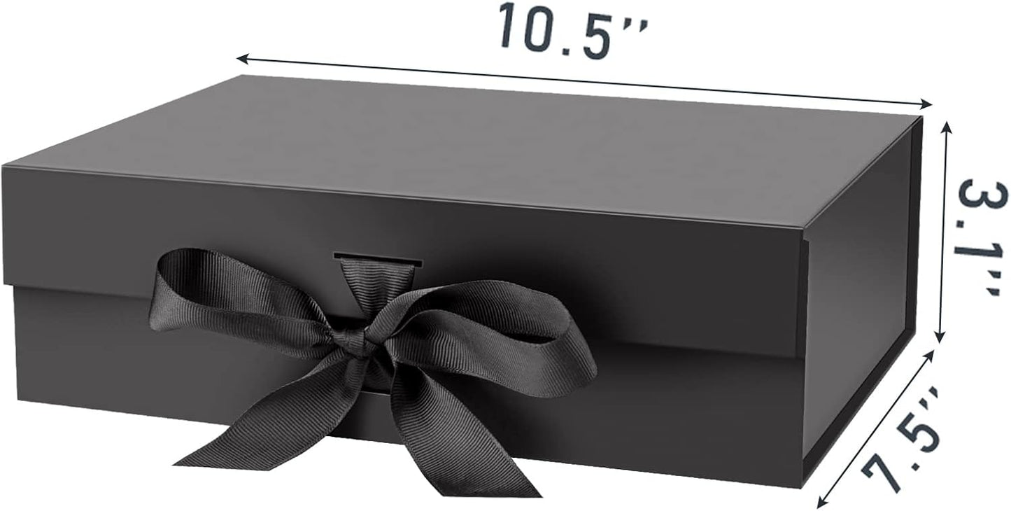 Gift Box with Lid for Presents 10.5x7.5x3.1 Inches with Ribbon and Magnetic Closure(1-Pack) (Black)