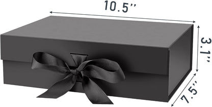 Gift Box with Lid for Presents 10.5x7.5x3.1 Inches with Ribbon and Magnetic Closure(1-Pack) (Black)