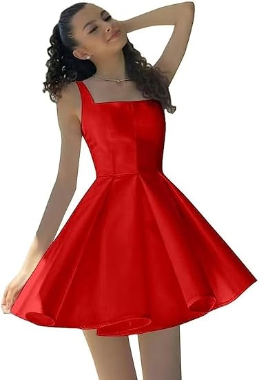 Teen Satin Homecoming Dresses Girls Square Neck A-Line Pleated Mini Cocktail Party Dresses Short Prom Dresses Size S