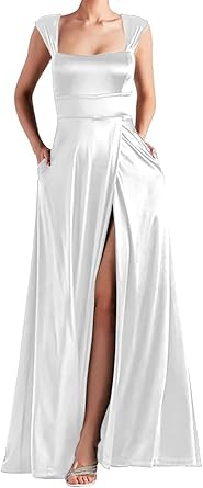 Women's A Line Prom Dress Satin Bridesmaid Dresses Long Formal Evening Party Ball Gowns with Pocket Slit Size S