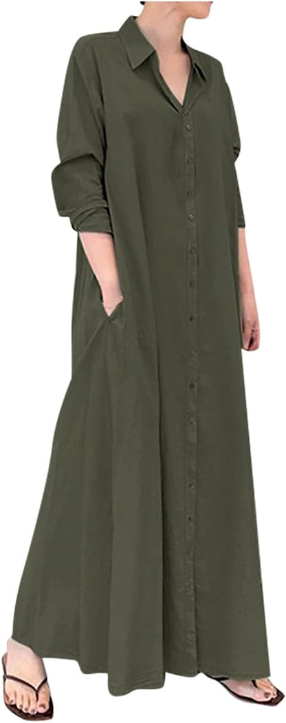 Cotton Linen Dresses for Women,2024 Summer Trendy Lapel Button Down Maxi Dress,Casual Loose Long Sleeve Beach Dress didn't find size on picture