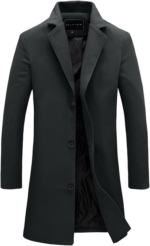 Men Wool Blend Coats Single Breasted Trench Coat Notched Collar Overcoat Winter Mid Length Pea Coat, Dark Gray  Size L