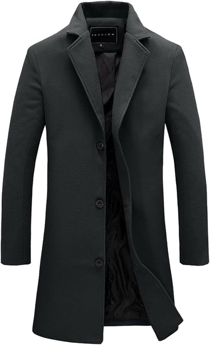 Men Wool Blend Coats Single Breasted Trench Coat Notched Collar Overcoat Winter Mid Length Pea Coat, Dark Gray  Size L