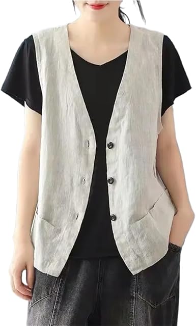 Cotton Linen Vest for Women 2023 Casual Sleeveless Button Down Jacket Lightweight Summer Loose Vests Outerwear  size M