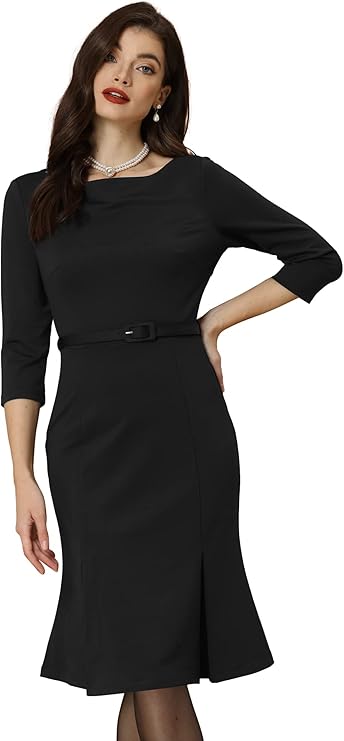 Allegra K Business Elegant Funeral Dresses for Women's Boat Neck 3/4 Sleeve Pleated Modest Midi Dress  didn't find size on picture
