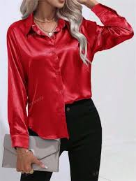 SHEIN  Women's red PETITE Women Solid Color Satin Simple Shirt With Asymmetric Hem Size 4