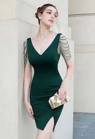 V-Neck Draped Beads Satin Cocktail Dress in Emerald size no