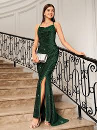 Women's Sequin Formal Maxi Dresses Side Slit Long Prom Dresses Cocktail Party Spaghetti Straps Mermaid Size M