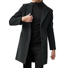 Men Wool Blend Coats Single Breasted Trench Coat Notched Collar Overcoat Winter Mid Length Pea Coat, Dark Gray  Size L