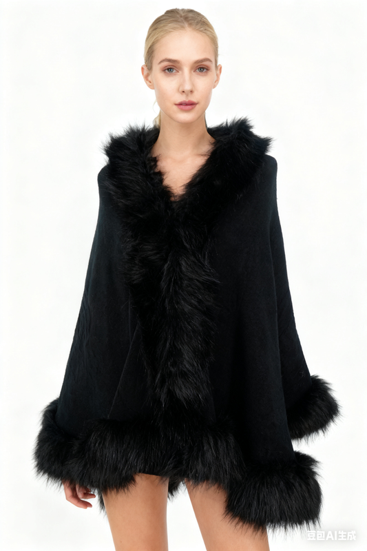 Women’s Black Faux Fur Collar Shawl with Single Button Closure