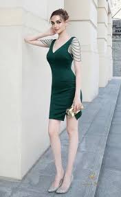 V-Neck Draped Beads Satin Cocktail Dress in Emerald size no