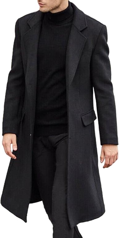 Men's Casual Trench Coat Slim Fit Notched Collar Long Jacket Overcoat Single Breasted Pea Coat wih Pockets size L