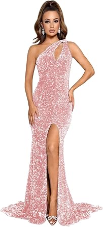 Women's Mermaid One Shoulder Prom Dress with Slit Sequin Long Evening Formal Gown  Size S