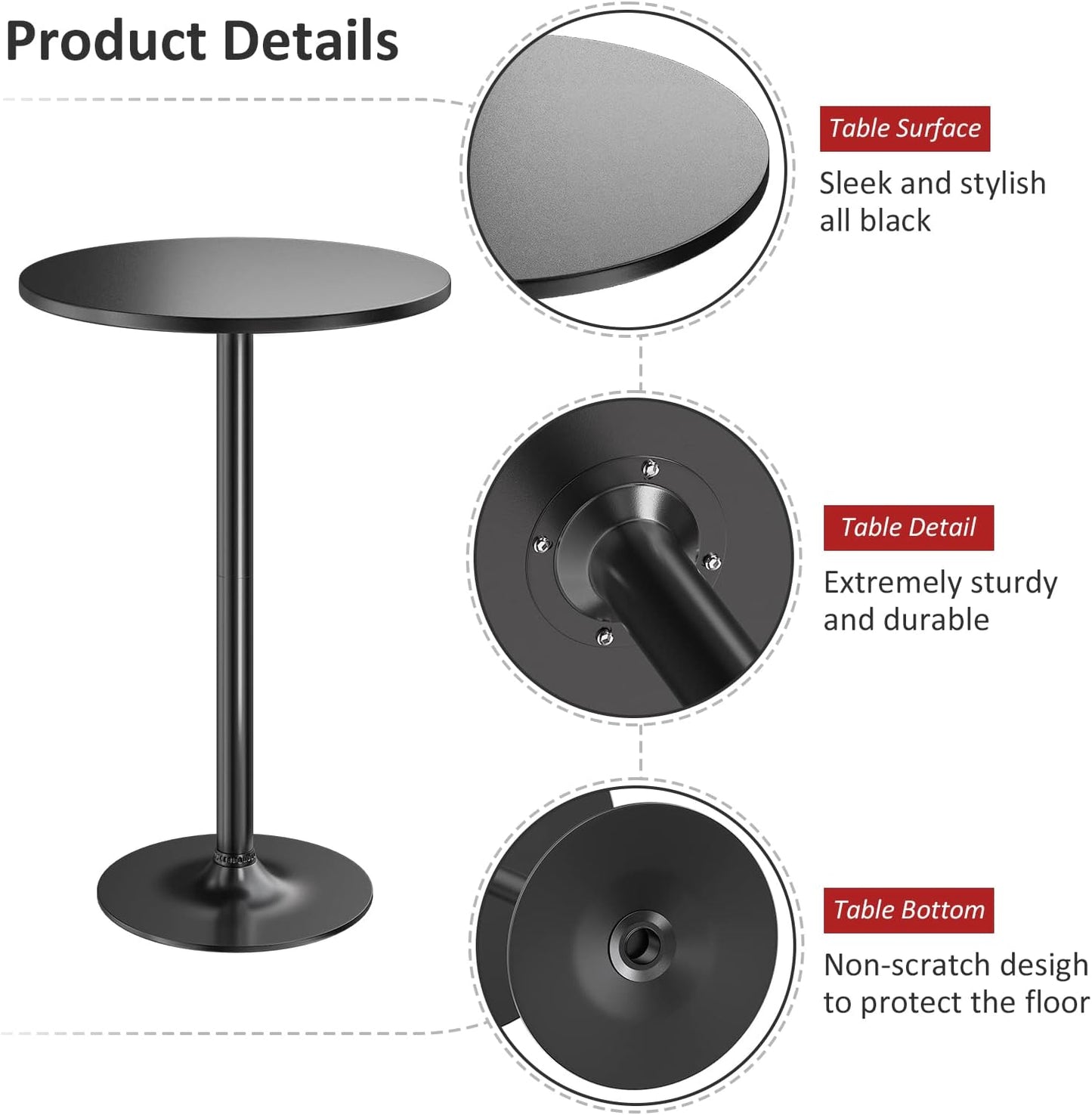 Furmax Bistro Pub Table Round Bar Height Cocktail Table Metal Base MDF Top Obsidian 23.8-Inch Top, 39.5-Inch Height (Black, 1-Pack)